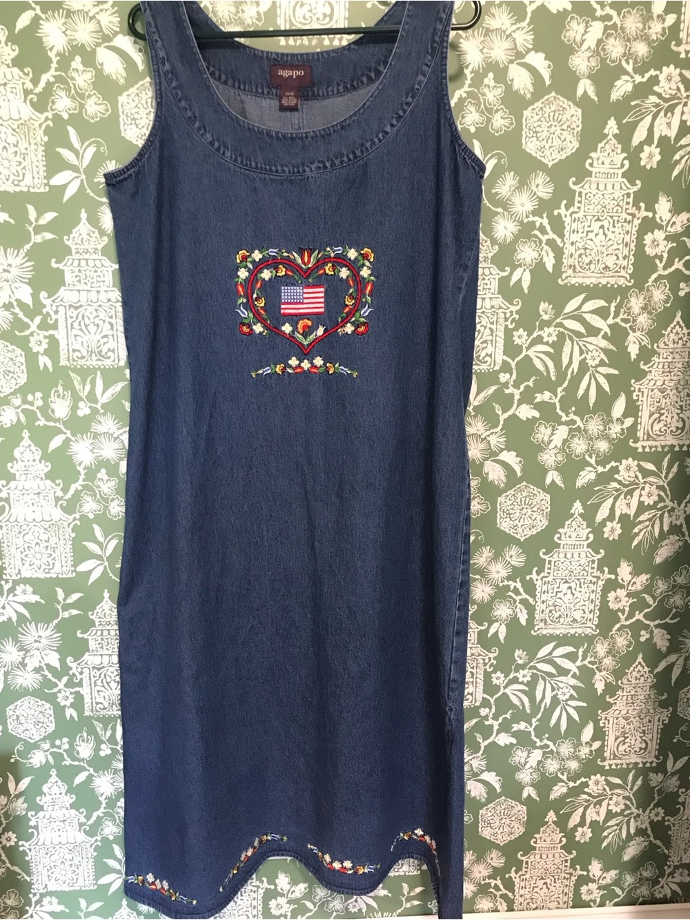 Vintage 90s Agapo Denim Modest Dress Flag and Floral
